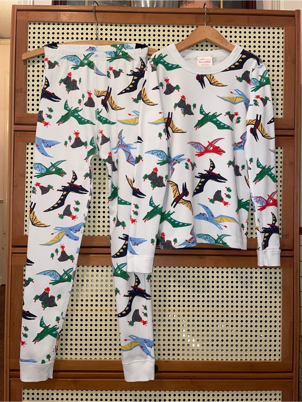 Hanna Andersson Kids White Dino Print Pajama Set - Long Sleeve & Pants 140 Sz 10